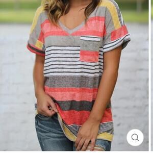 Flamingo Urban Coral and Yellow Striped Pocket V-Neck Shirt, EUC, Size Small